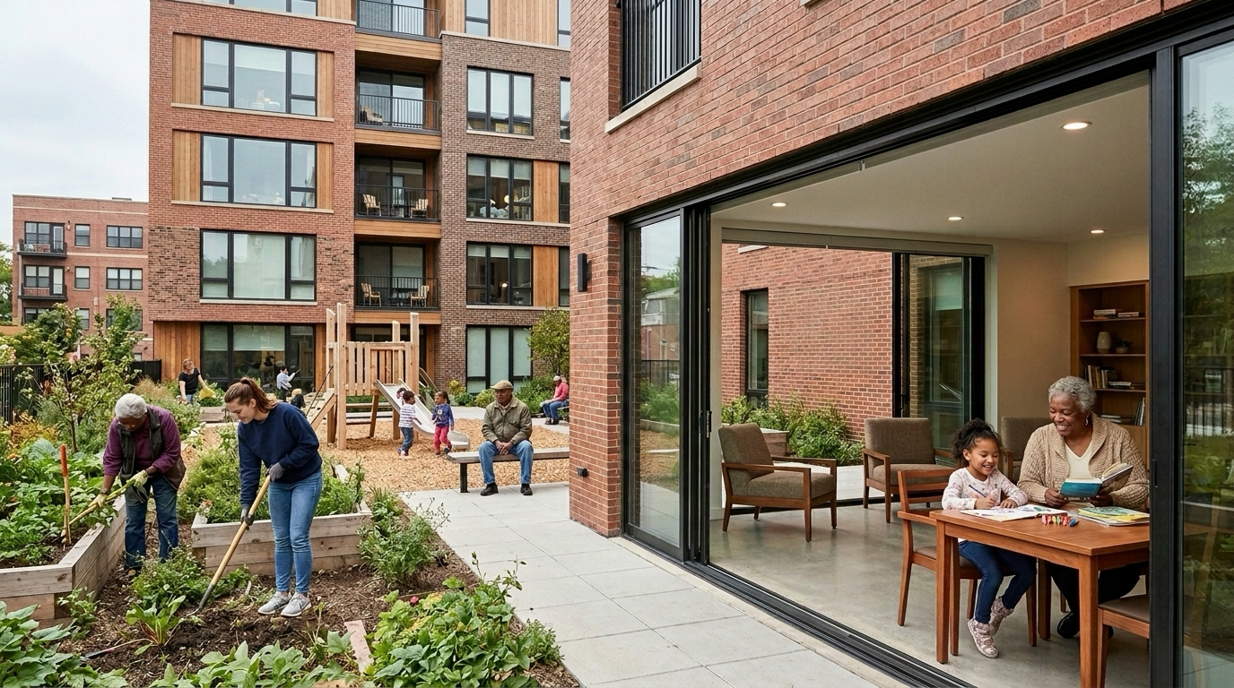 Illustrative visualization of an intergenerational housing courtyard with a garden, play area and community room