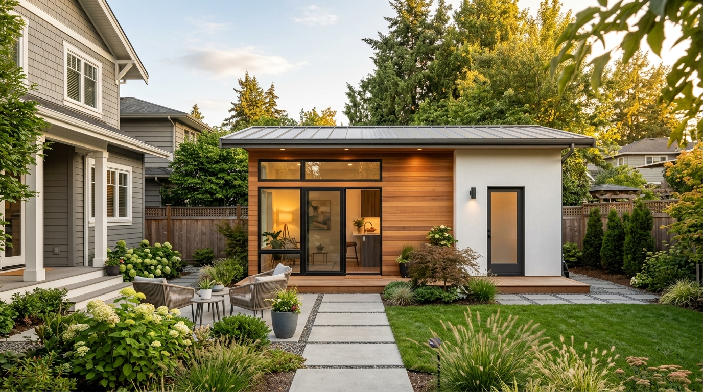 Modern detached backyard ADU with large windows and wood siding behind a larger main house