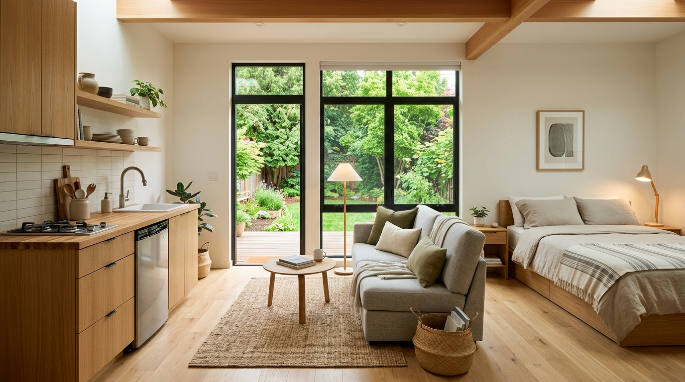Compact modern ADU interior with a kitchenette, living area and large backyard-facing windows