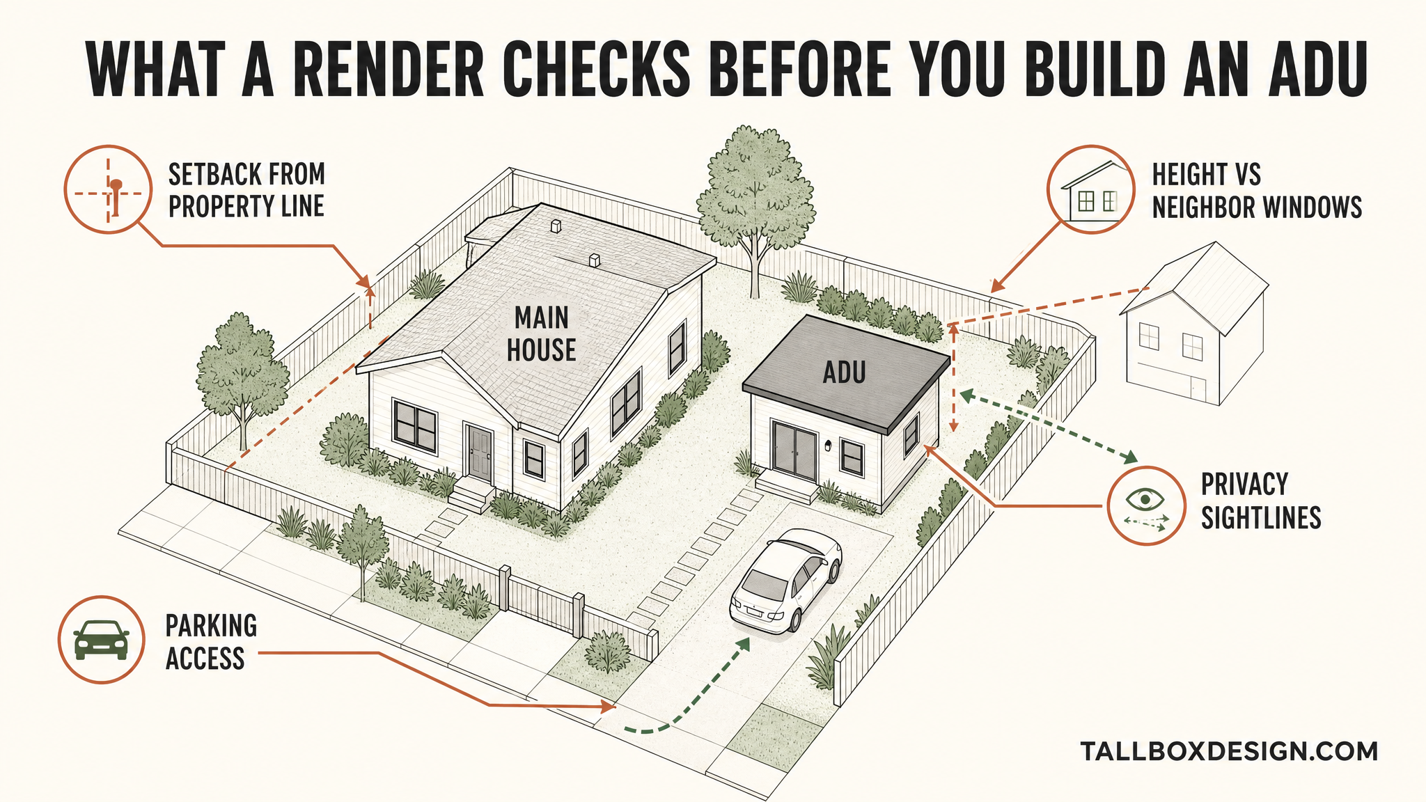 Site diagram showing the setback, height, privacy sightline and parking a render checks before building an ADU