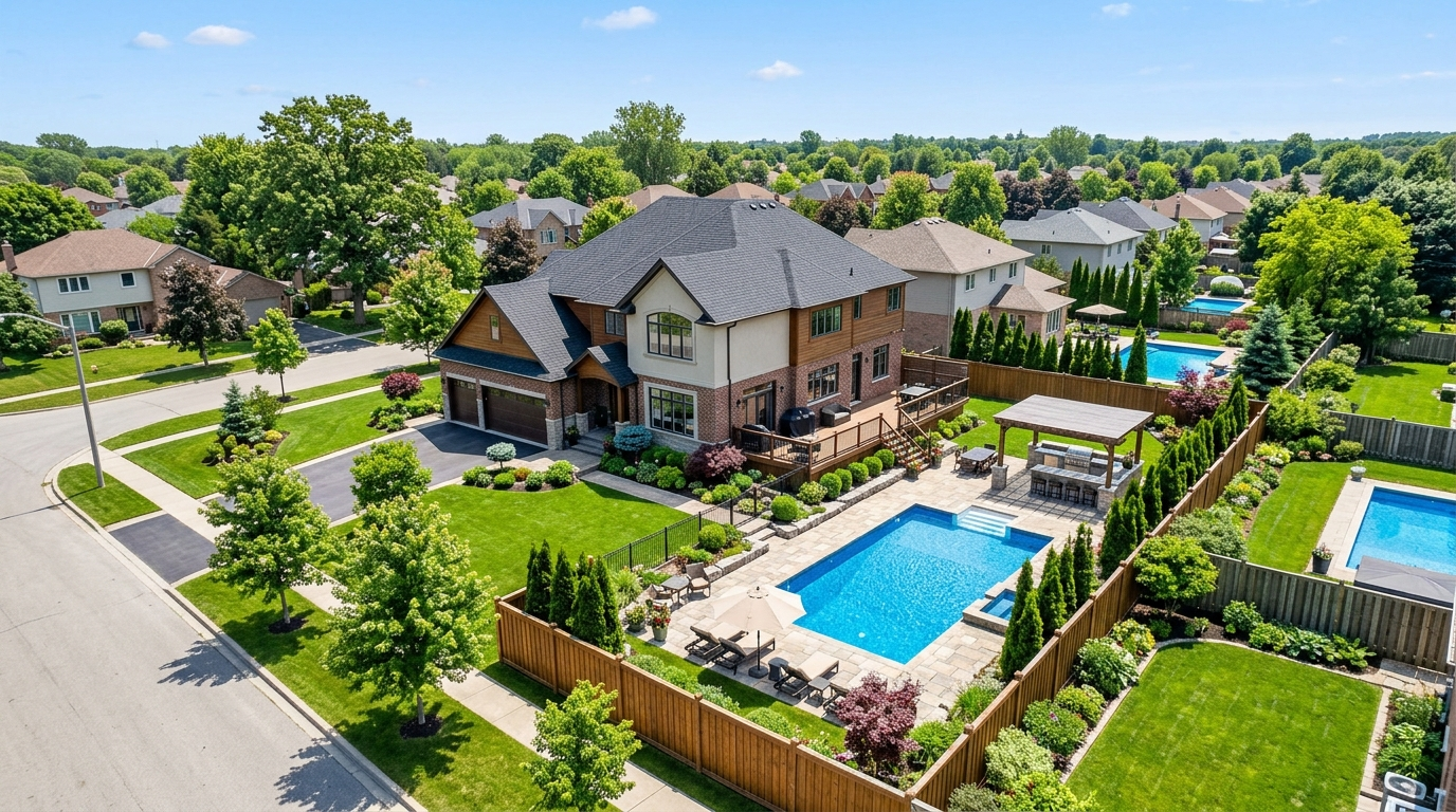 Aerial drone photo of a suburban home with a landscaped backyard and pool, captured for a real estate listing