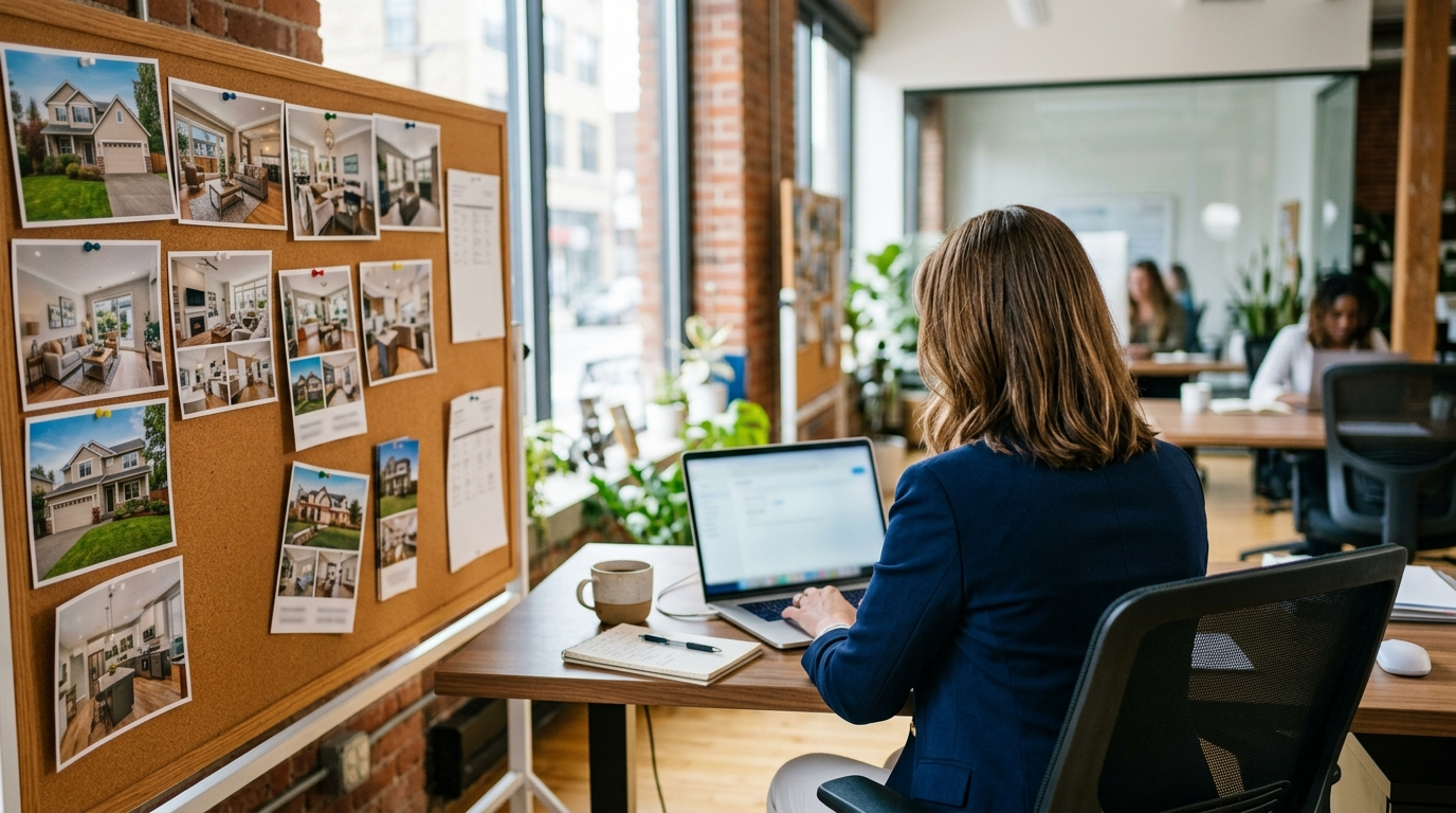 Real estate agent working on a laptop in a modern brokerage office with listing photos pinned nearby