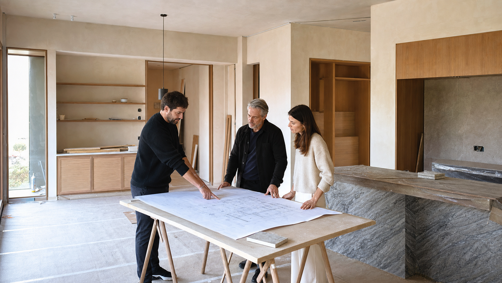 Architect, contractor and homeowner reviewing drawings in a renovation