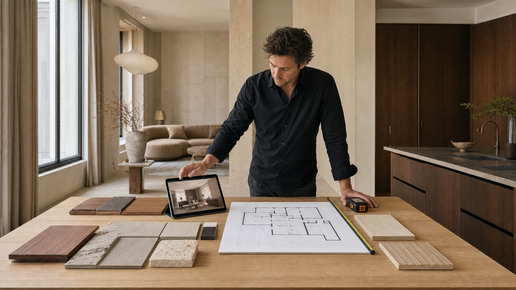Architect comparing an interior concept with a measured floor plan and material samples