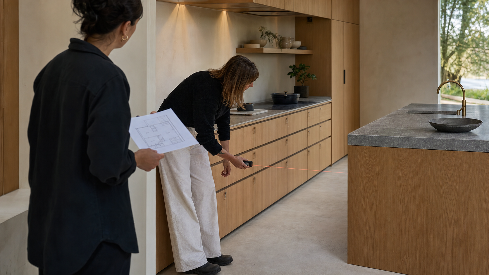 Interior designer measuring a kitchen clearance with a laser measure