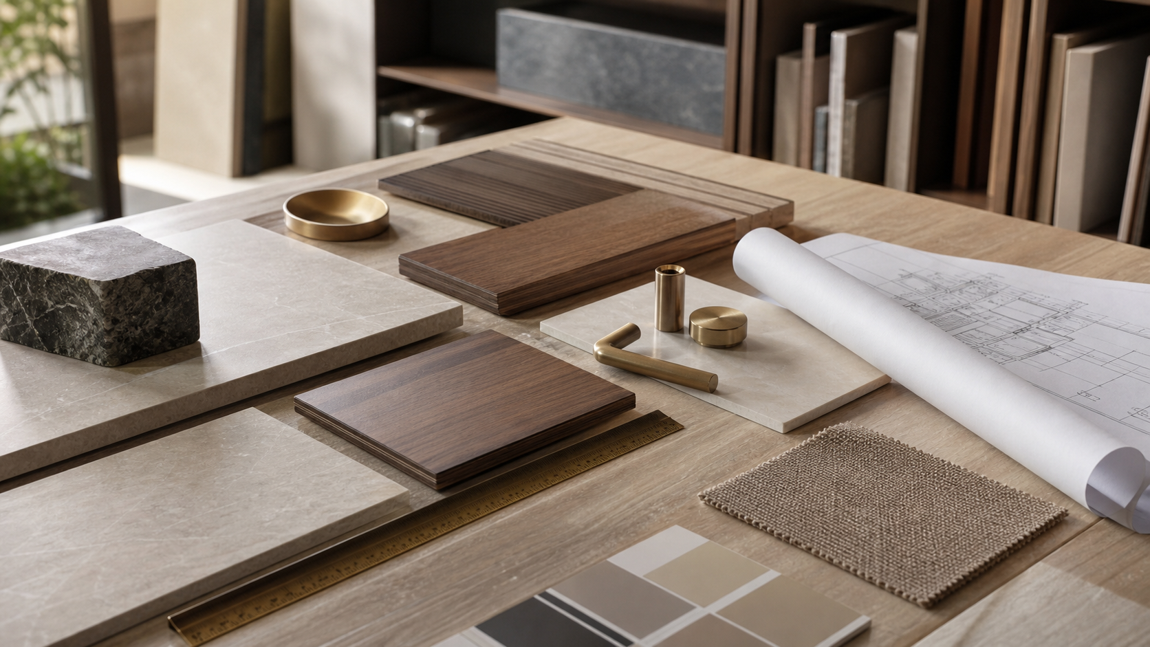 Stone, timber, fabric and hardware samples arranged for an interior specification