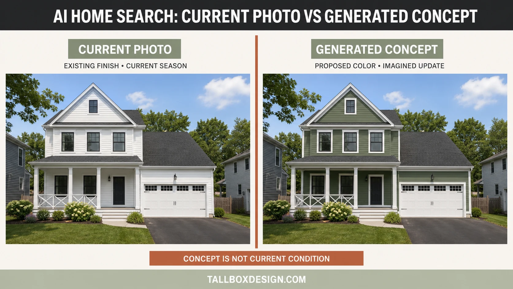 Current property photograph compared with a labeled generated exterior concept