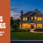 Suburban home at dusk with glowing windows and the headline AI Writes Listings, 82 percent of agents use it, visuals decide now