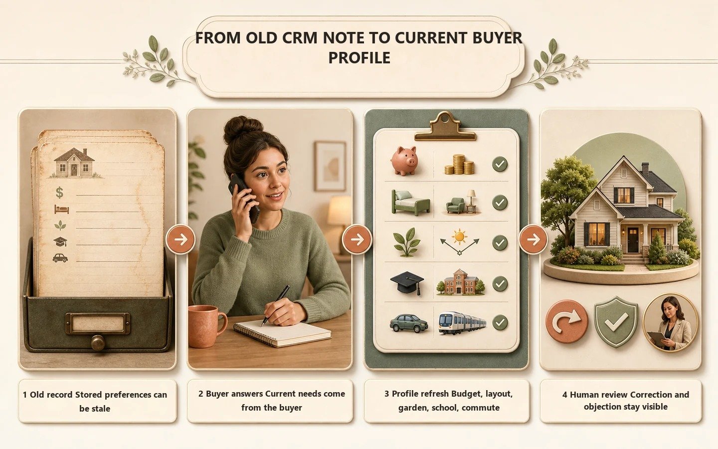 Raster data flow from an old CRM buyer note through current answers to a human-reviewed property match