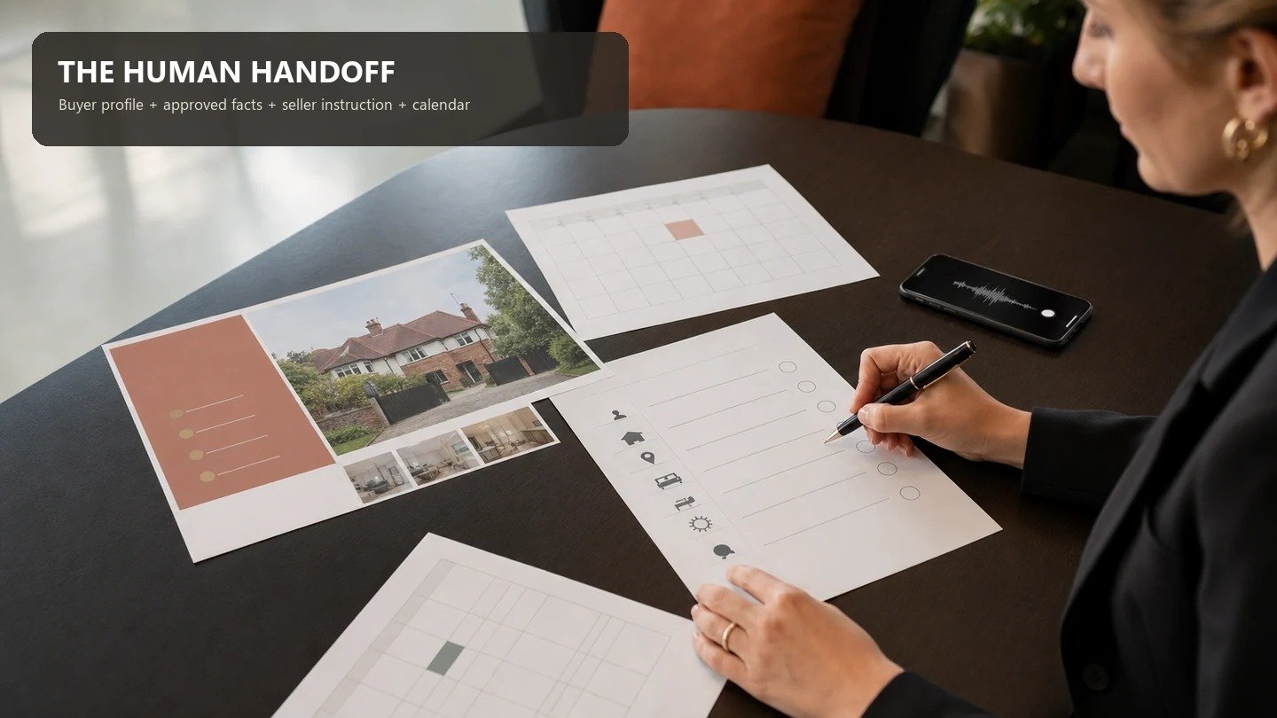 UK estate agent comparing buyer preferences, seller-approved particulars and a viewing calendar