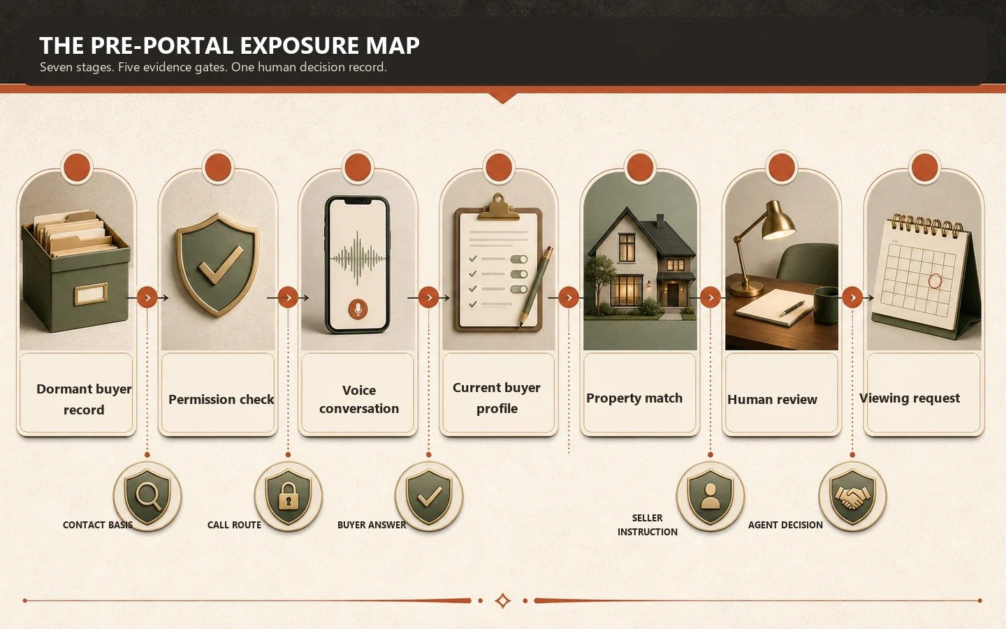 Raster Pre-Portal Exposure Map showing seven buyer-matching stages and five evidence gates