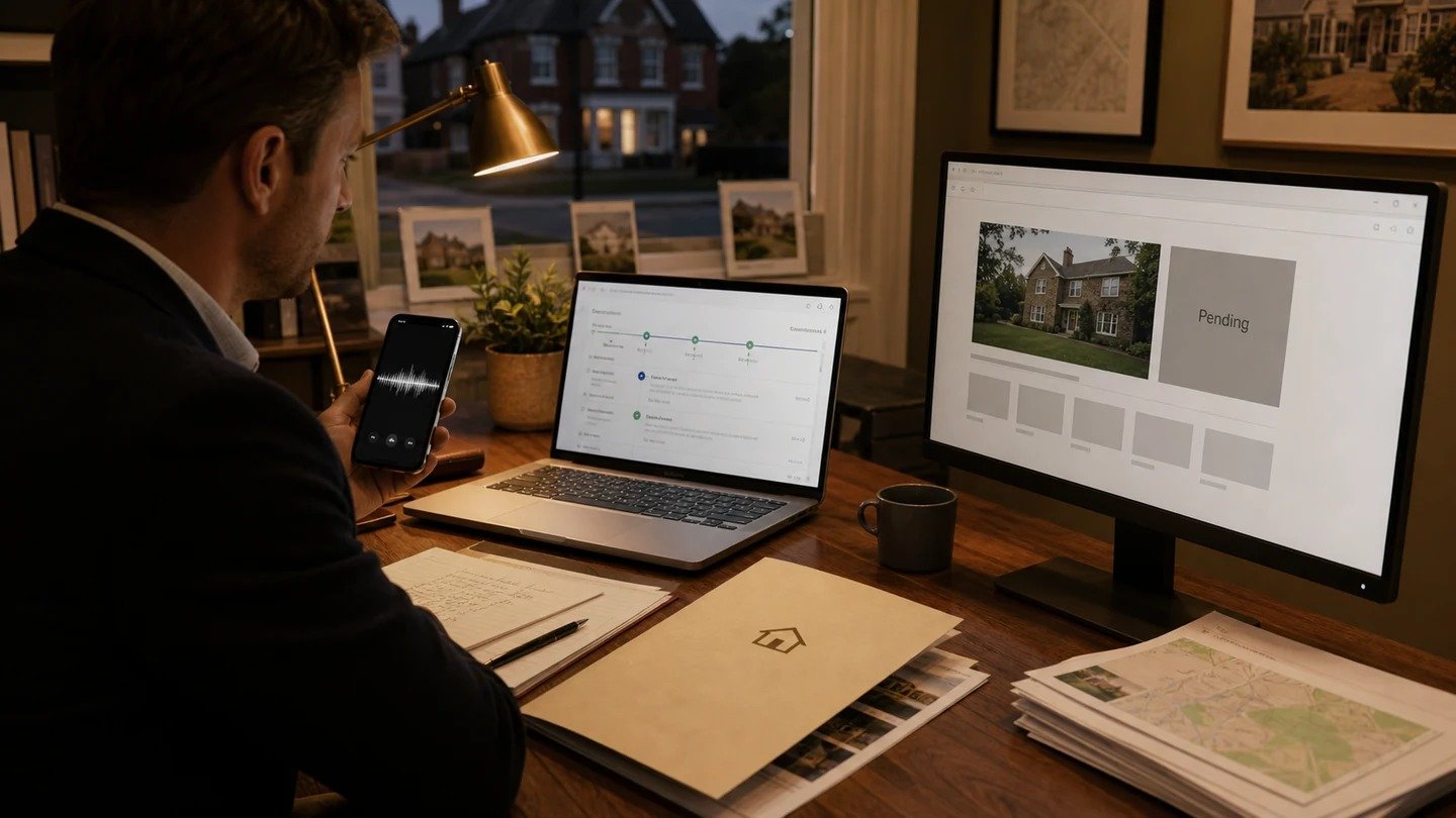 UK estate agent reviewing an AI voice conversation, inactive buyer record and pending home listing