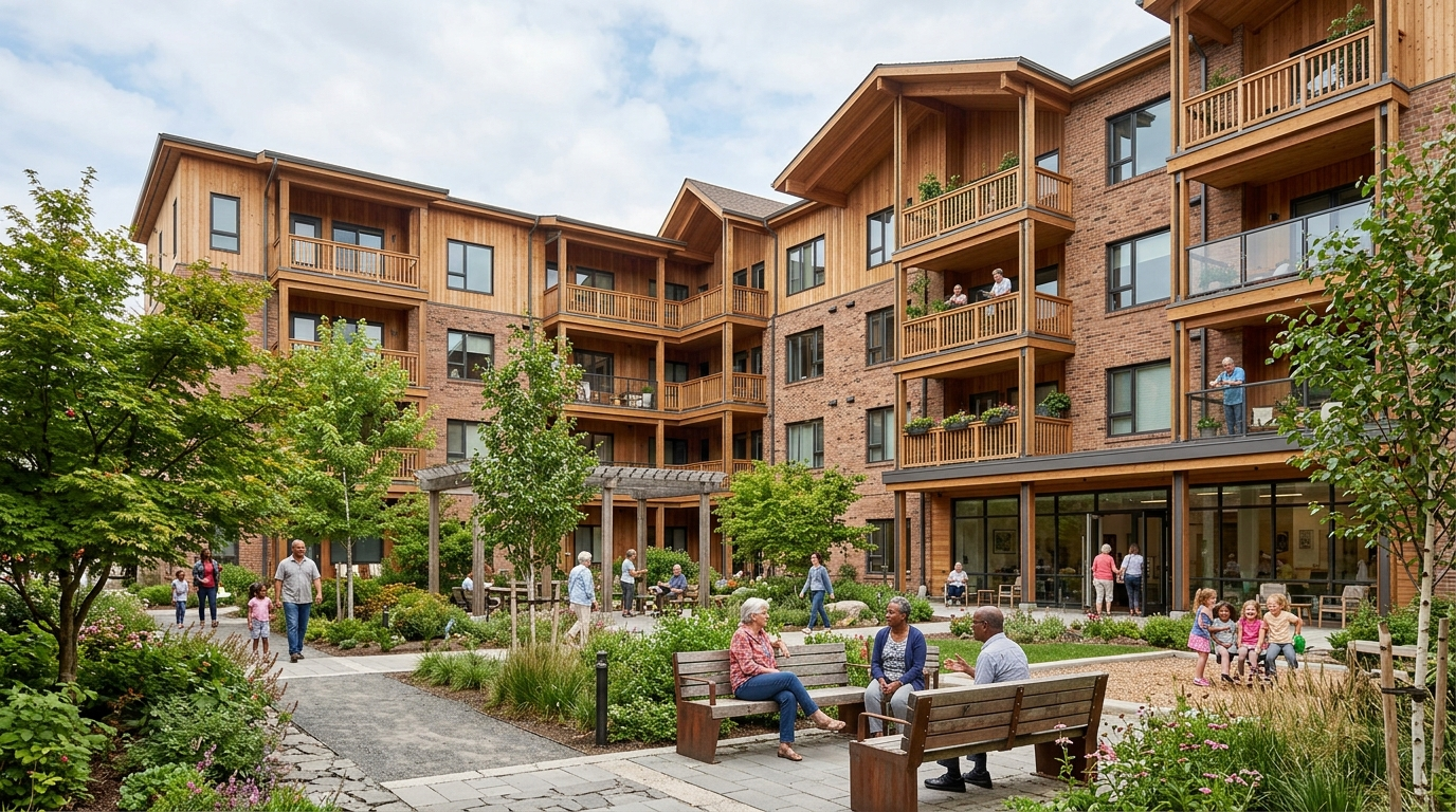 Contemporary award-style affordable housing community with warm wood and brick facades, porches and a landscaped courtyard