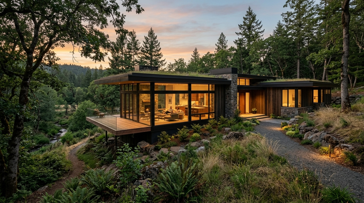 Site-sensitive modern single-family house with a low horizontal form and natural materials set into a wooded landscape