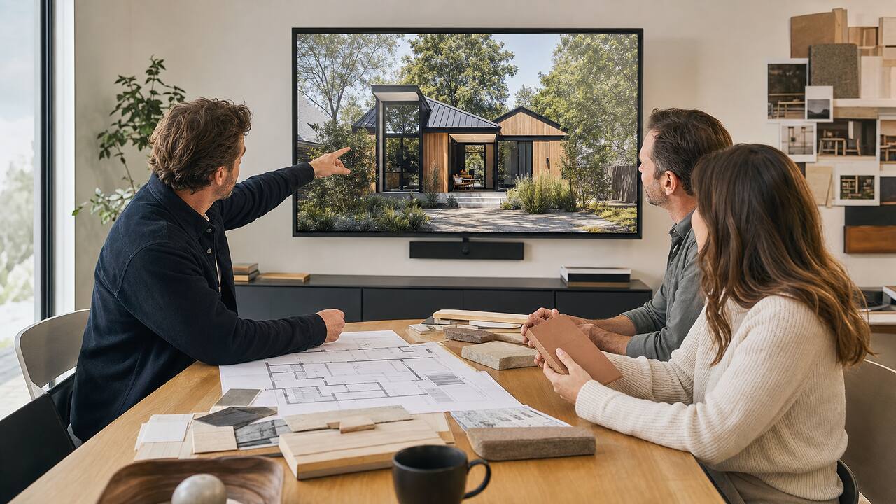 Architect and residential clients reviewing an exterior visualization during a project planning meeting