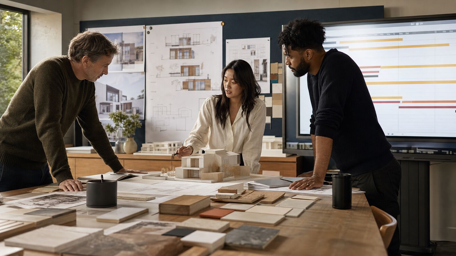 Architects reviewing a residential model and project schedule for the Q3 architecture pipeline