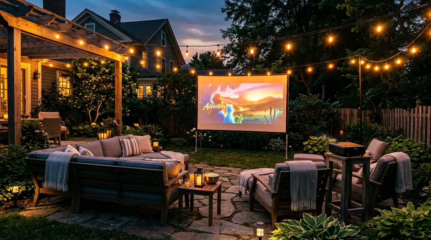 A backyard home theater at dusk with a large glowing screen, outdoor lounge seating and string lights