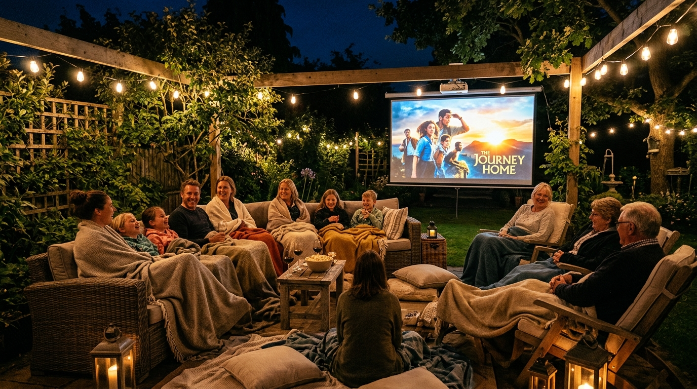 Friends and family watching a movie in a backyard theater at night, wrapped in blankets on outdoor sofas