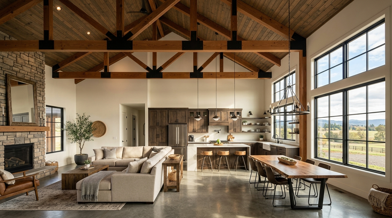 Single-story barndominium great room interior with exposed beams, quartz kitchen island, and tall windows
