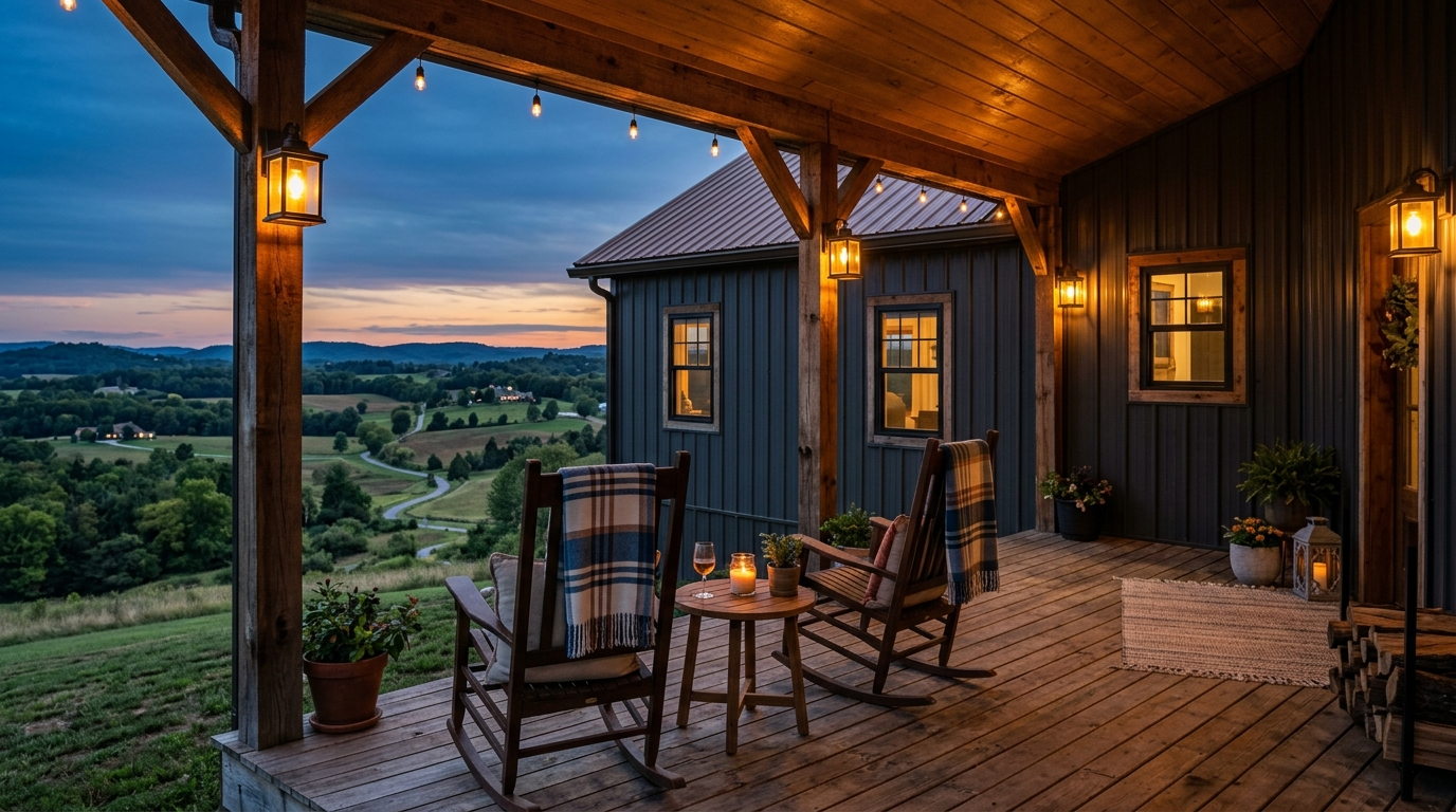 Covered porch of a dark-sided ranch barndominium at dusk with warm lights