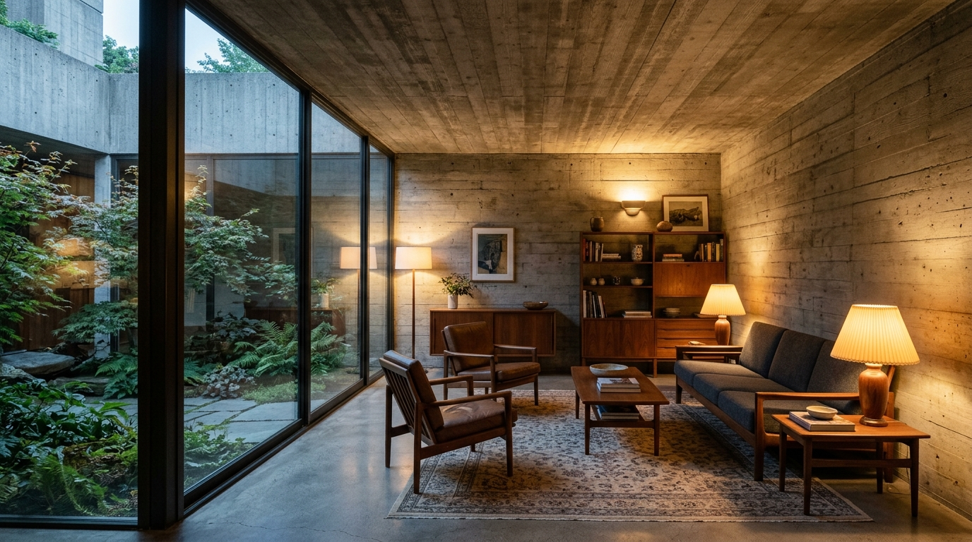 Brutalist mansion interior with board-formed concrete walls, warm wood furniture, and soft lighting