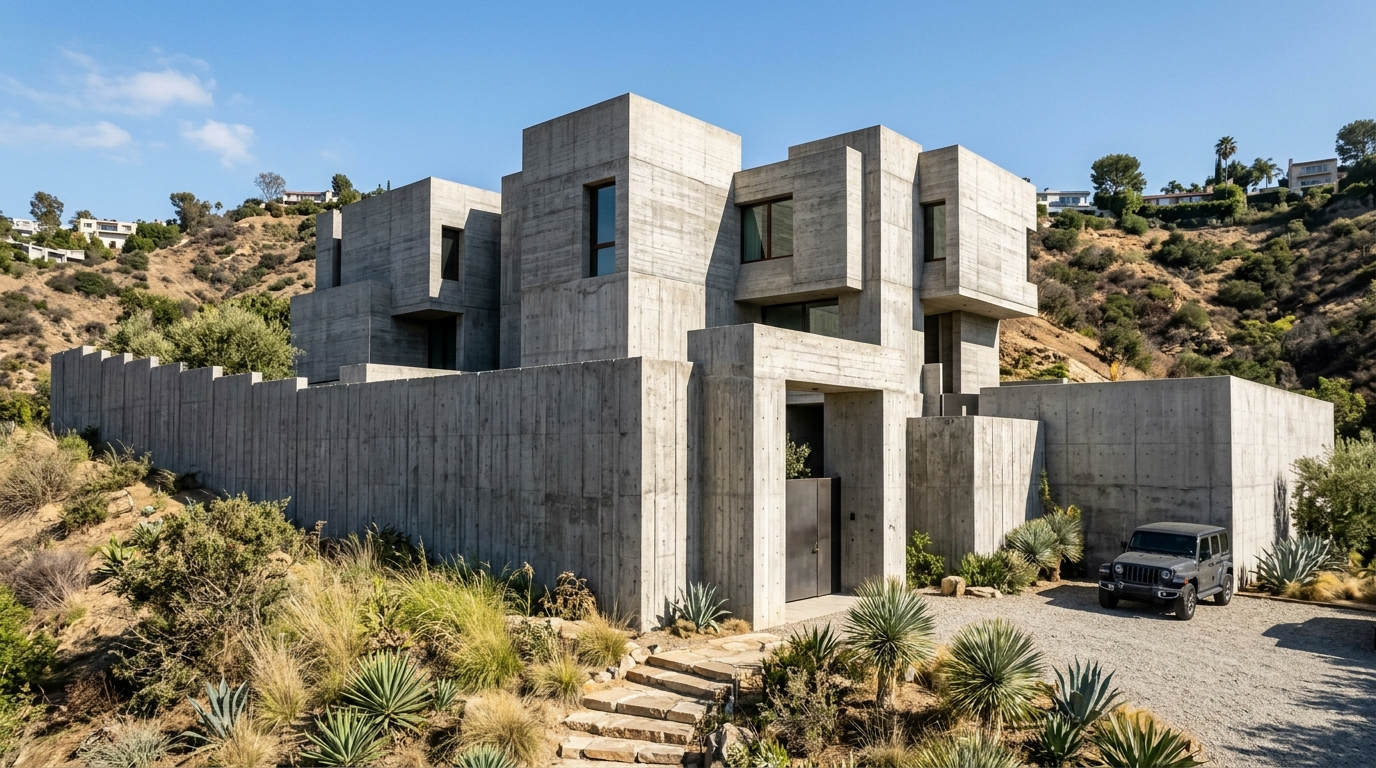 Monolithic Brutalist concrete mansion exterior with high walls and minimal windows