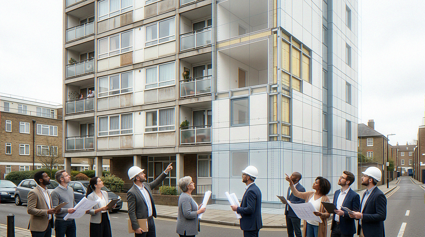 Illustrative view of a residential tower facade with a clearly marked remediation work zone