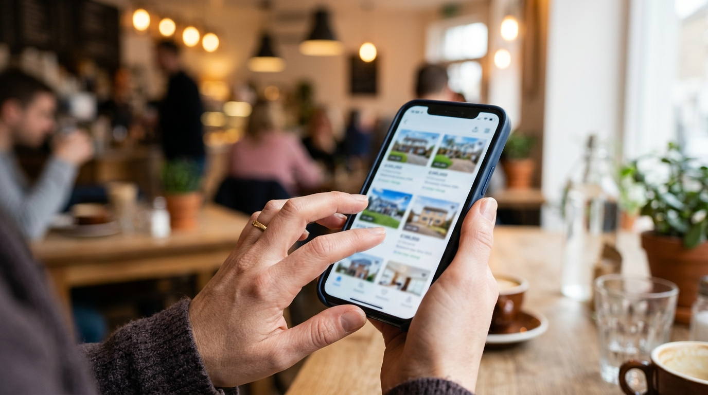 Homebuyer scrolling property listings on a phone with the screen softly out of focus
