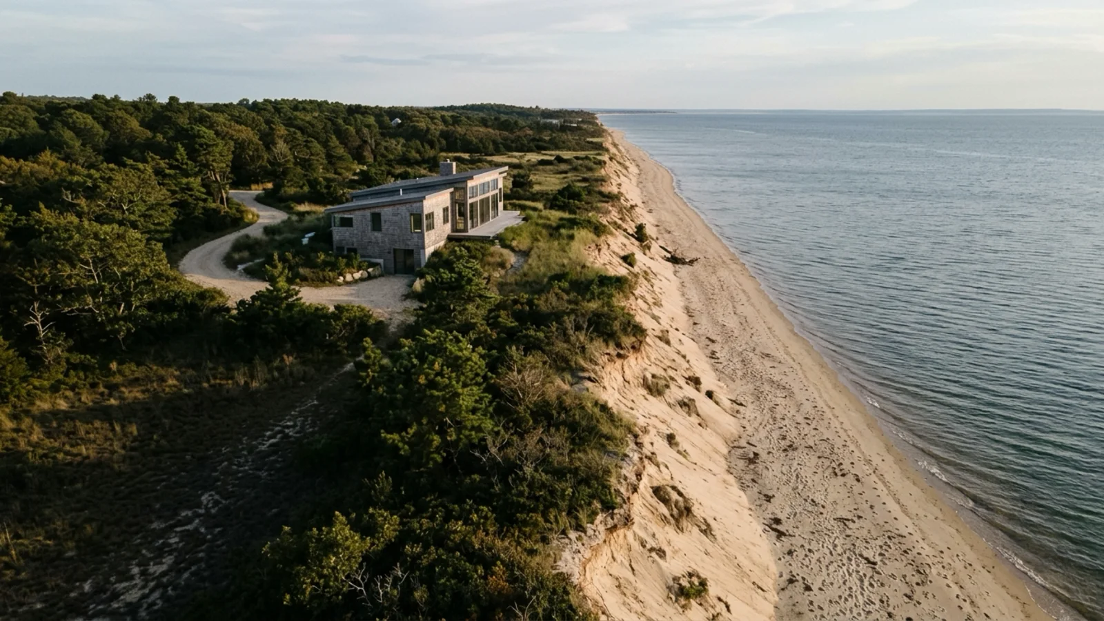 Anonymous coastal home above a sandy bluff illustrating the gap between present property value and shoreline retreat