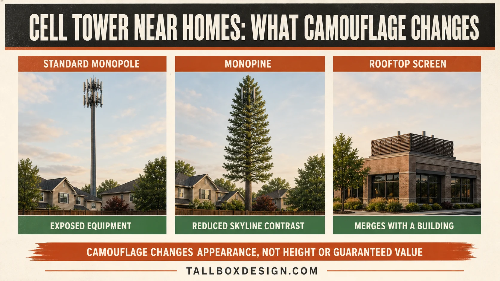 Raster comparison of a standard monopole, monopine, and rooftop-screen cell-tower concealment