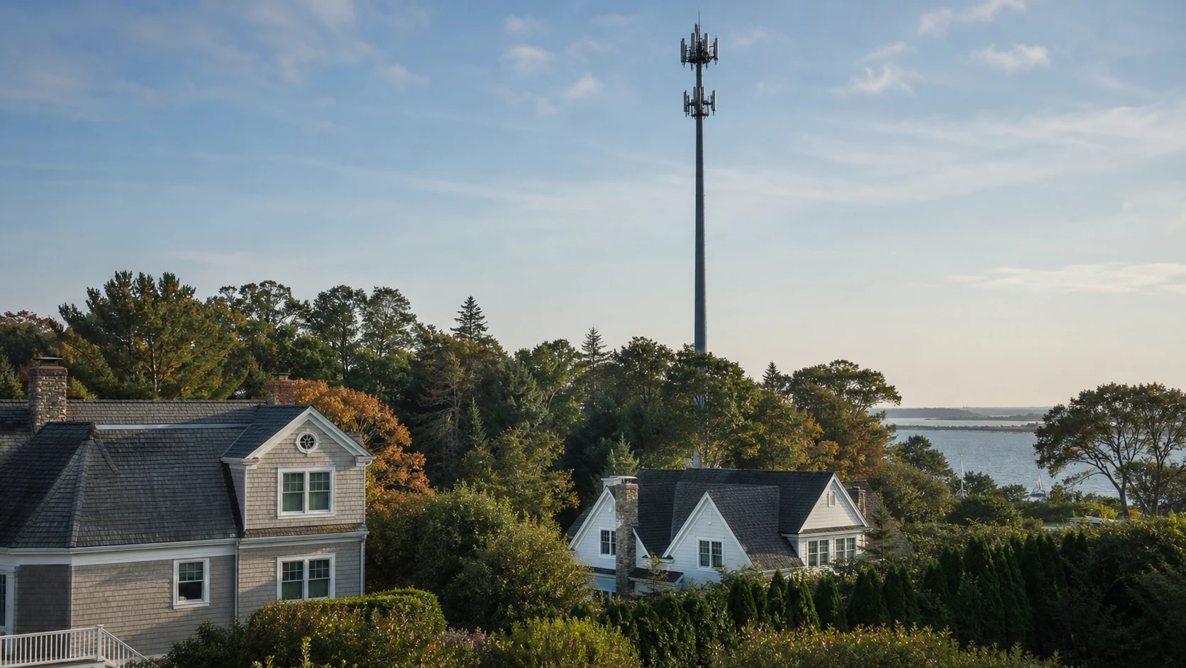 A 140-foot wireless communications tower visible beyond homes near a wooded waterfront