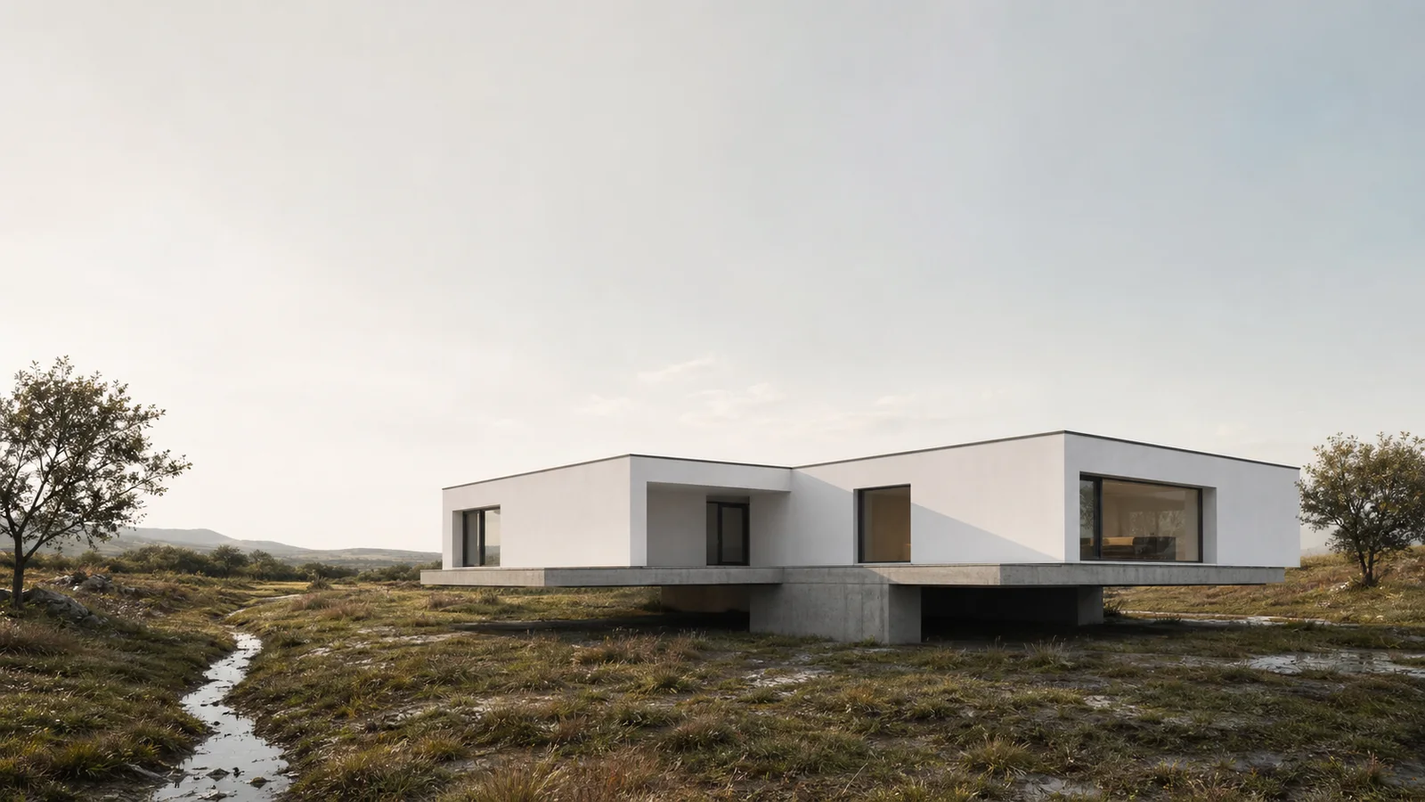 Conceptual exterior view of Chaves House raised on a cross-shaped concrete plinth above wet ground