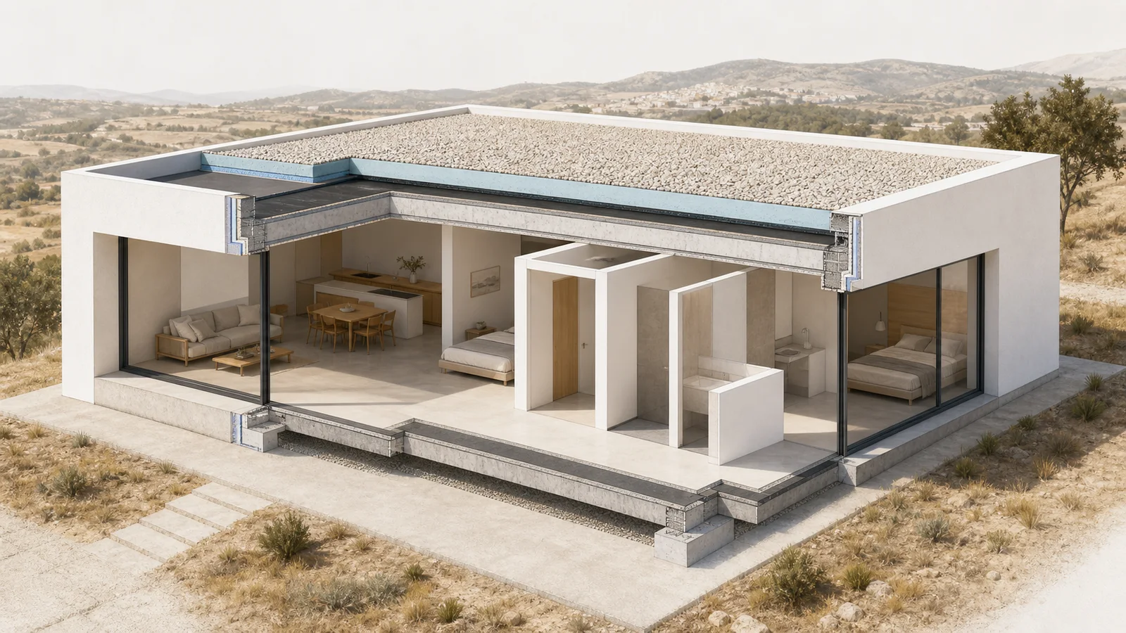 Conceptual cutaway showing the concrete frame, insulated roof, white wall build-up and large glazed openings of Chaves House