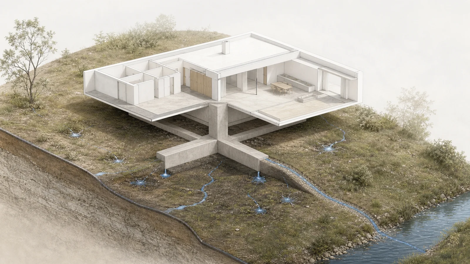 Conceptual cutaway of the cross-shaped plinth, suspended floor edges and surface-water route at Chaves House