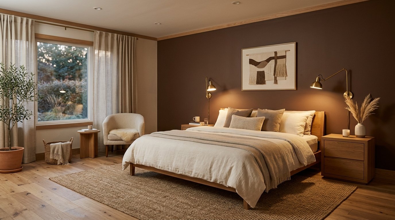 Serene bedroom with a chocolate-brown accent wall behind the bed, cream linen bedding, warm oak nightstands, and brass reading lamps