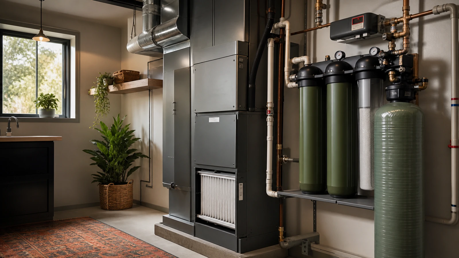 Modern residential mechanical room with HVAC air filtration and whole-house water filtration equipment