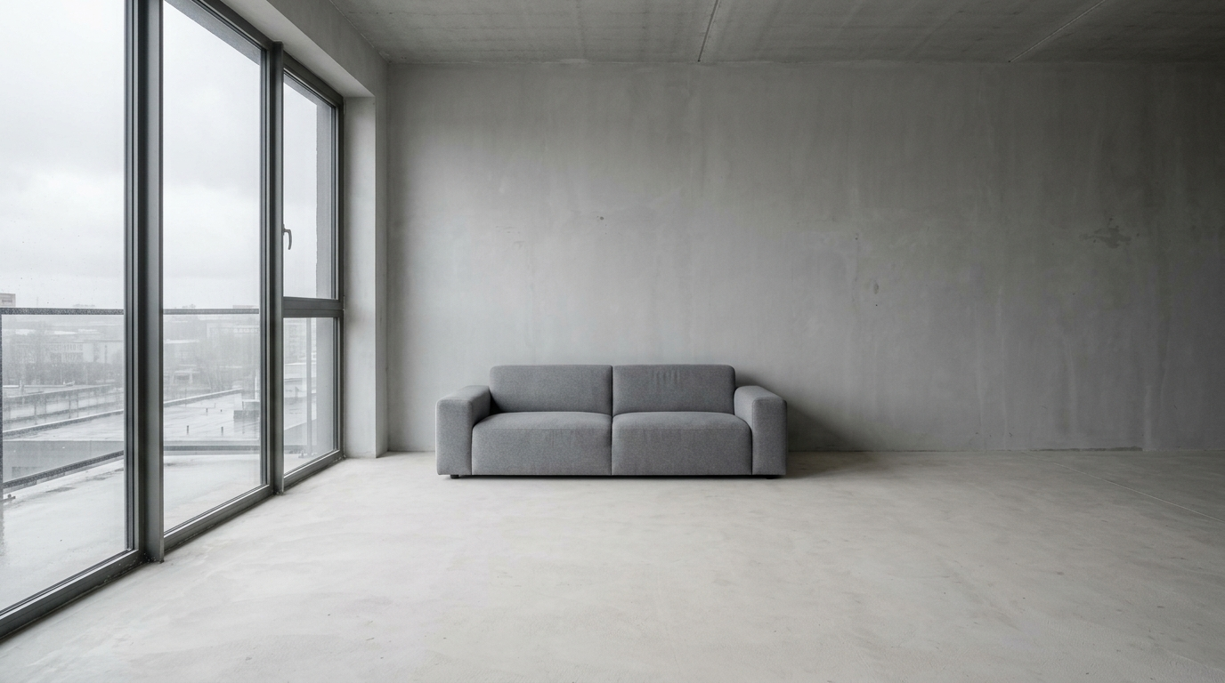 A stark cold grey minimalist living room with a single grey sofa, bare concrete walls and overcast light