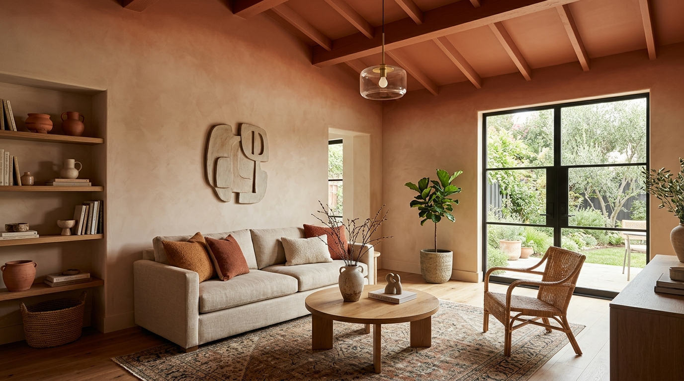 A living room with a color-capped ceiling, cream plaster walls graduating to a deeper terracotta on the beamed ceiling
