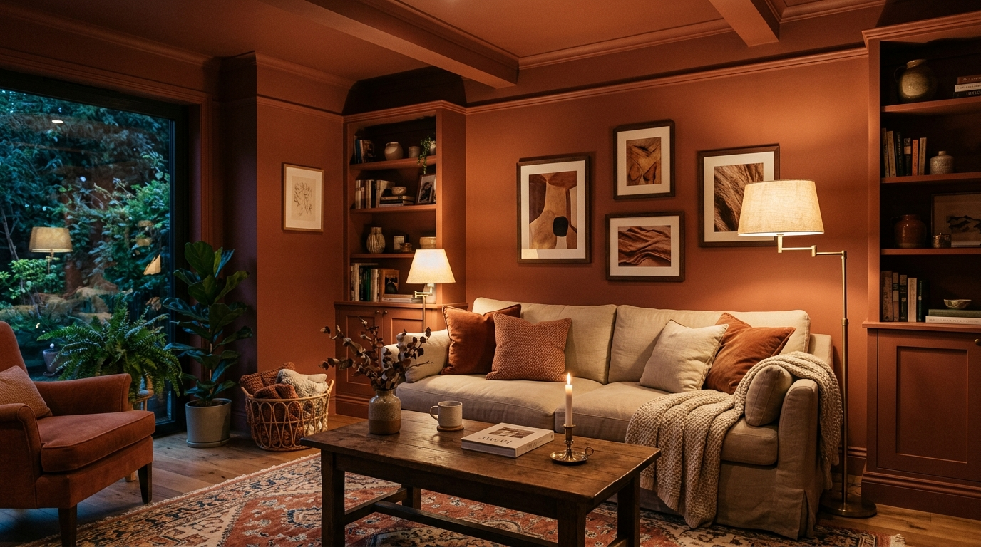 A cozy living room color-drenched in deep terracotta, walls and ceiling painted the same warm shade