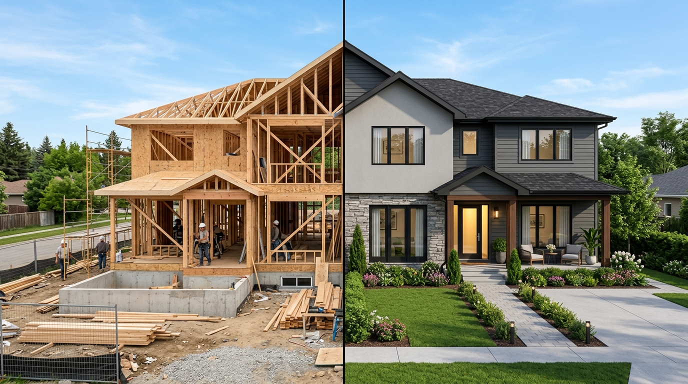 Split image showing a residential home mid-construction with wood framing and foundation on the left and the same home as a finished photorealistic 3D render with siding, windows, and landscaping on the right
