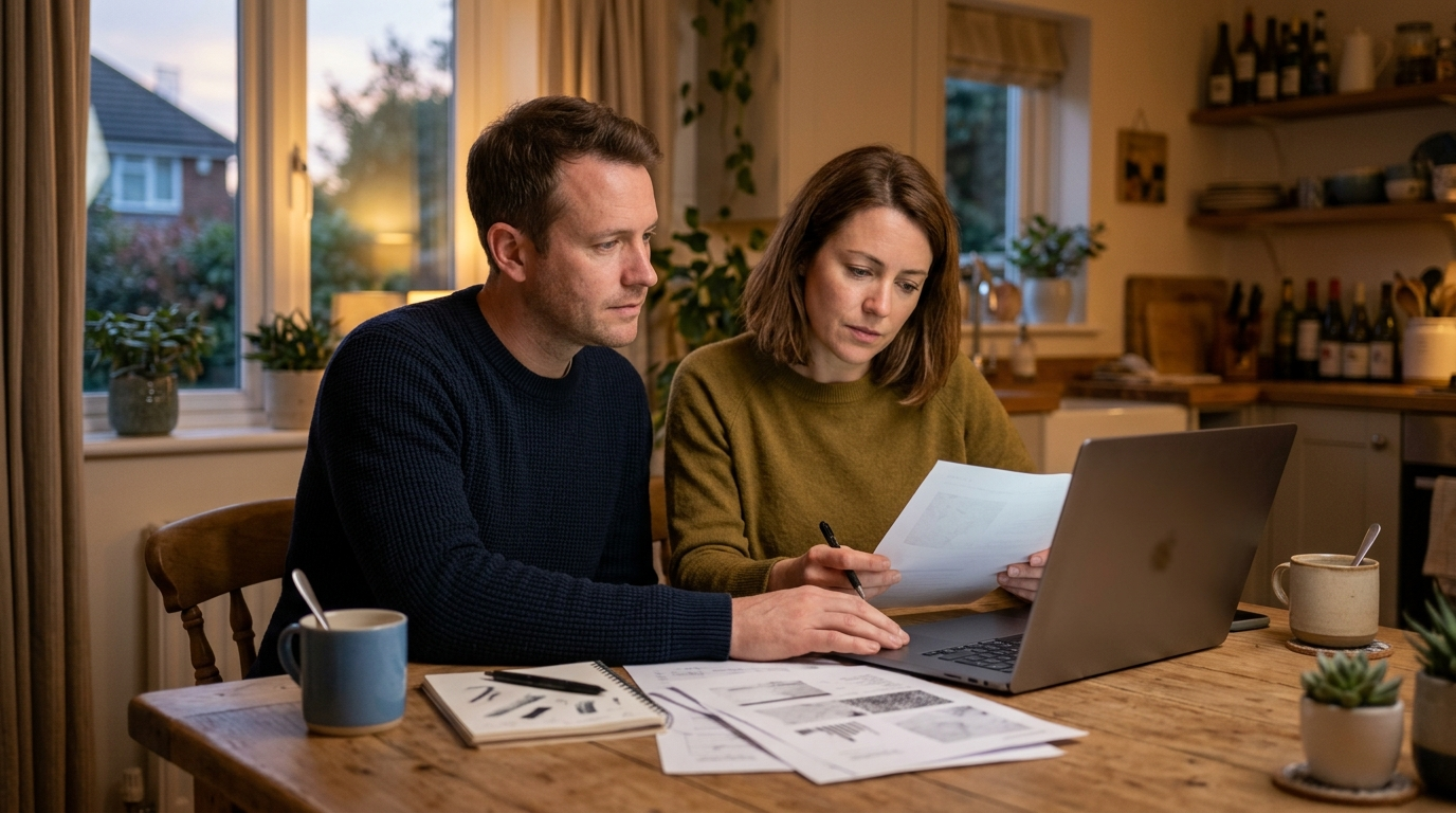 Couple reviewing housing documents at a kitchen table while deciding whether to keep their home listed