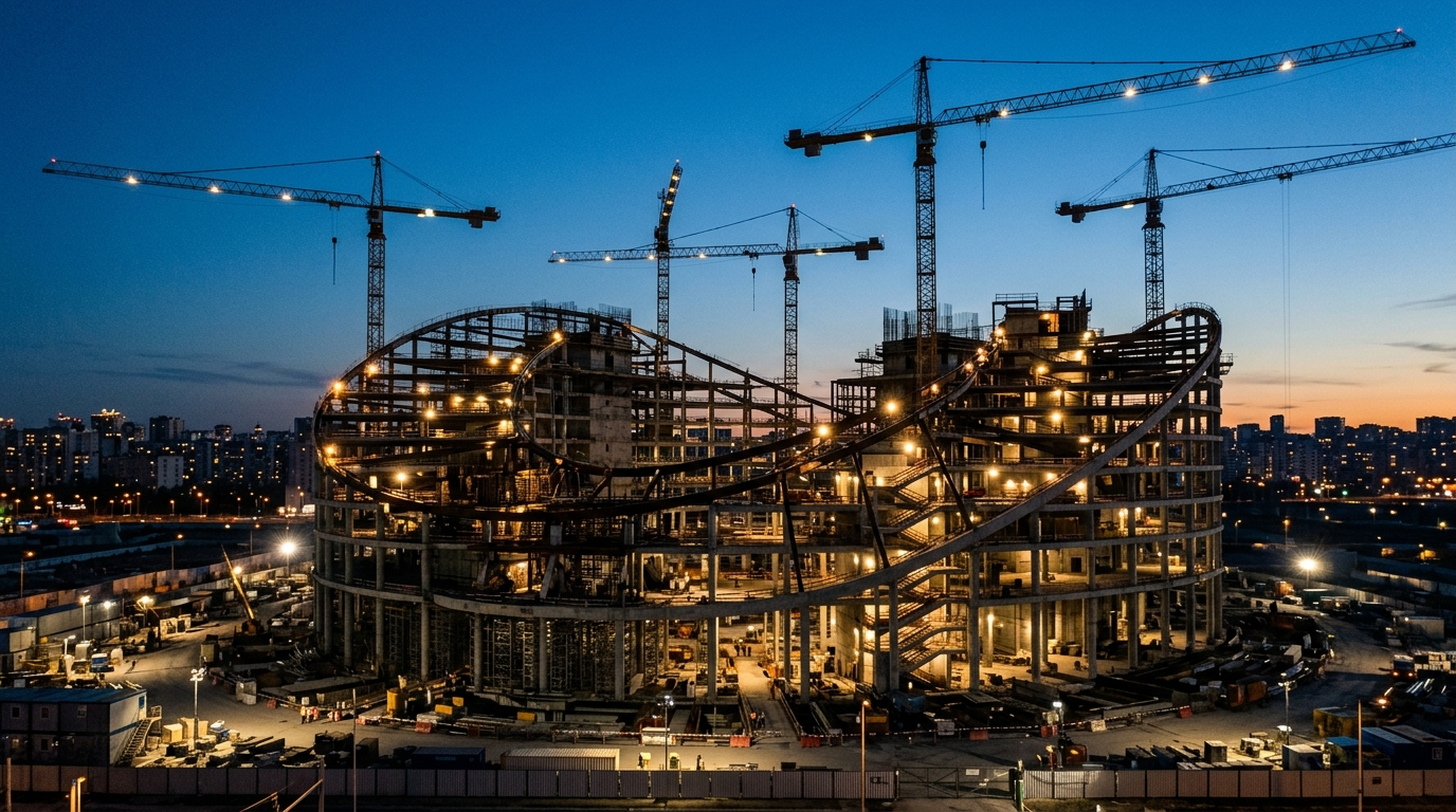 Construction cranes over a curved concrete and steel structure at dusk