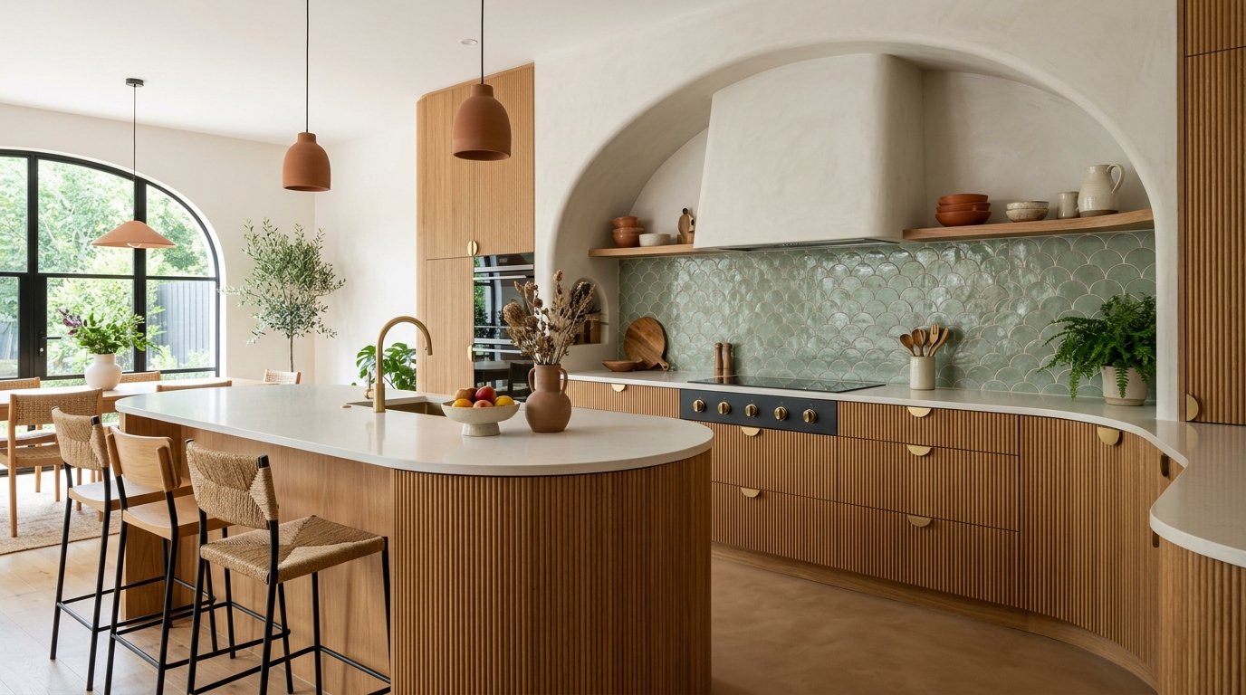 Modern 2026 curved kitchen with a sculptural arched plaster range hood, sage green scalloped zellige tile backsplash and a rounded fluted oak island