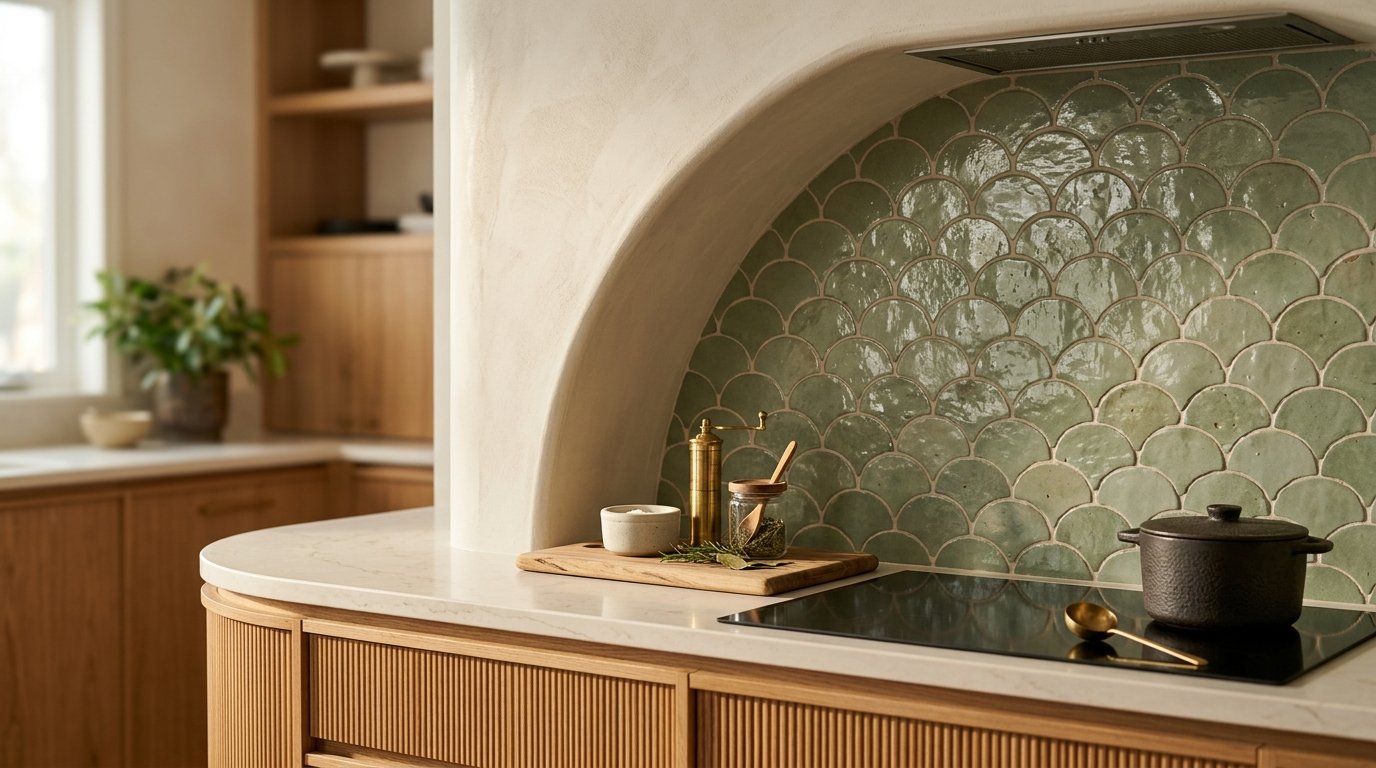 Close-up of an arched plaster range hood meeting sage green scalloped zellige tile with fluted oak cabinetry in a 2026 curved kitchen