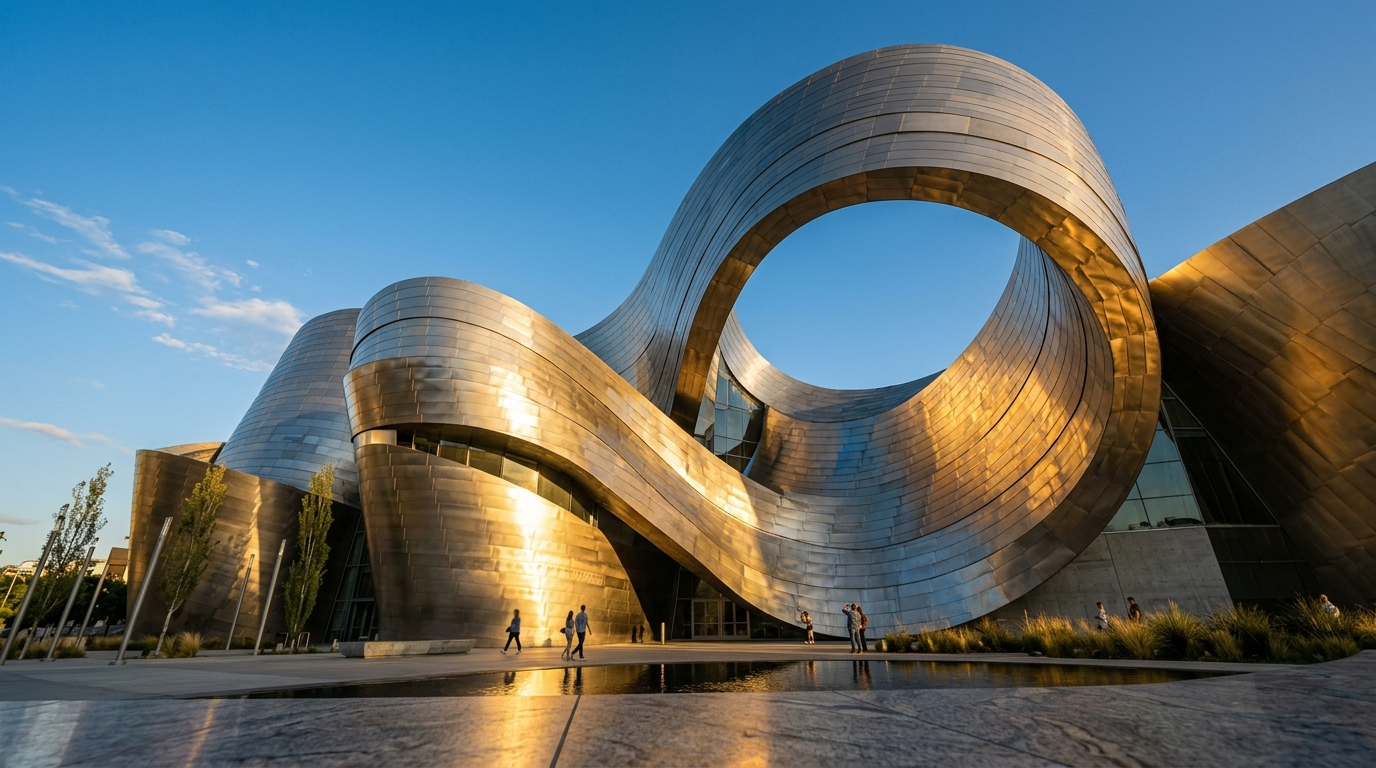 Sculptural curved metal facade of a contemporary concert building catching warm light