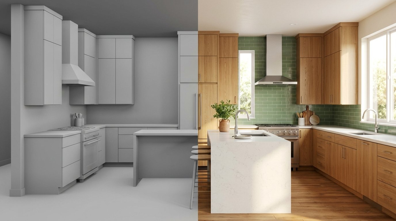 3D visualization of a custom kitchen remodel, a grey clay model transitioning into a photorealistic render