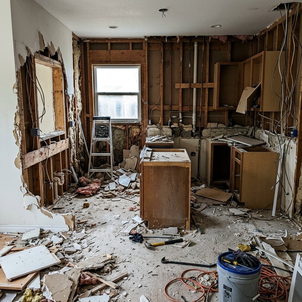 A custom kitchen gutted back to the studs during a remodel, with exposed wiring, plumbing and debris across the floor, showing what it looks like to redo a kitchen after mistakes are already built
