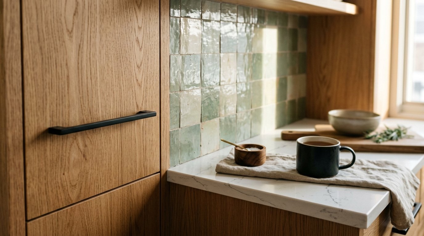 Warm oak cabinetry, quartz countertop and sage zellige tile in a custom kitchen under morning light