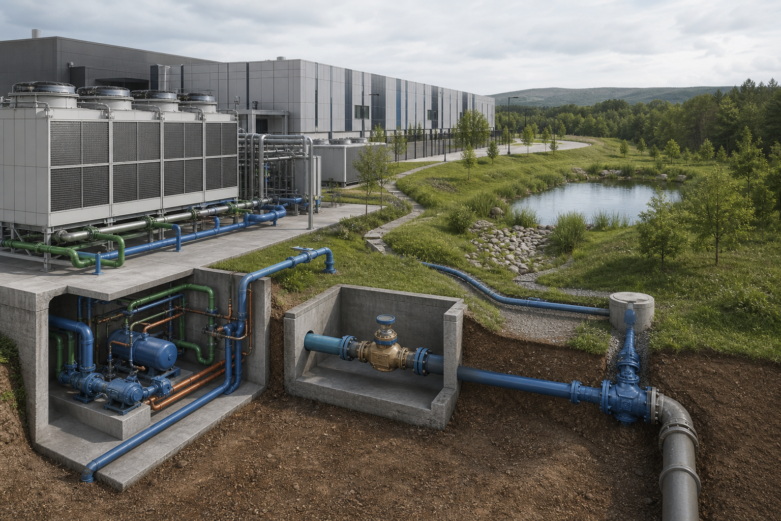 Illustrative data-center cooling equipment, water meter, pipes and stormwater basin