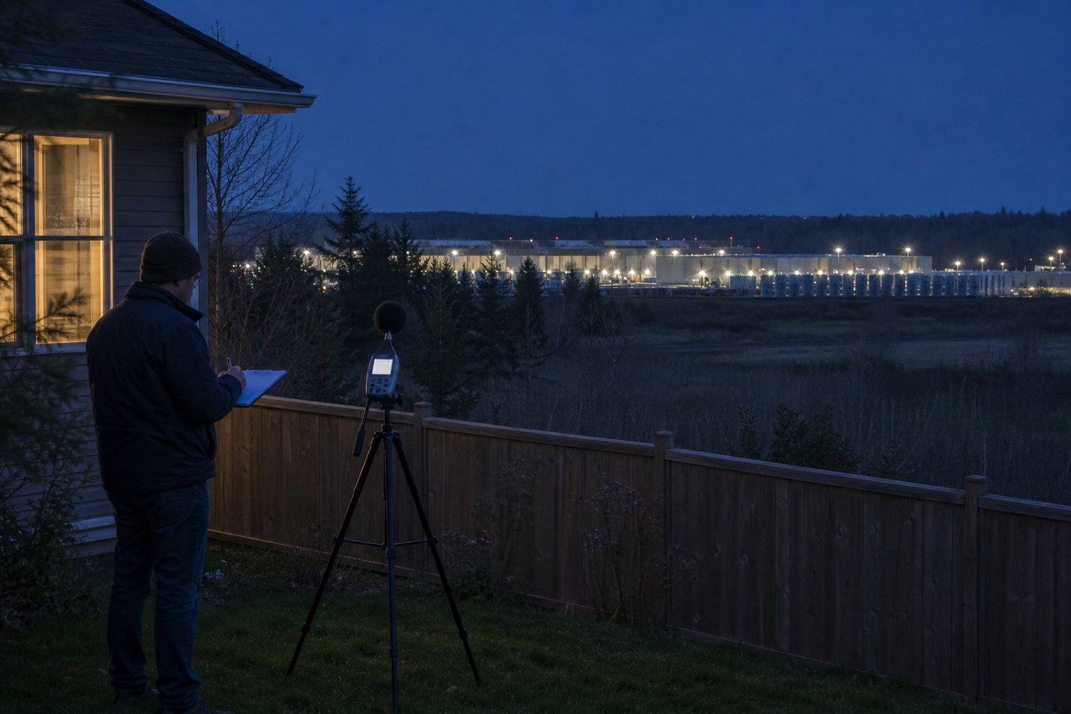 Acoustic consultant measures data-center sound at a residential property line after dark